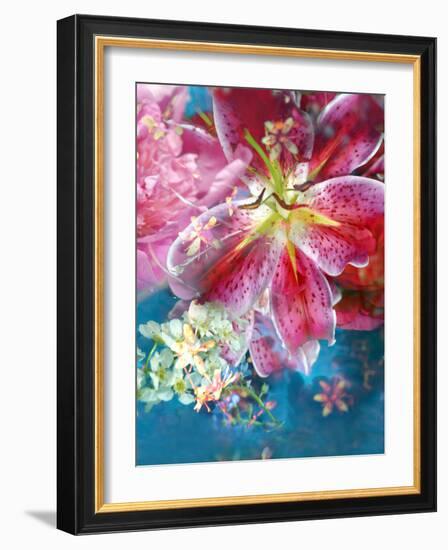 Pink and Red Poenies in Blue Green Water with Little Blossoms Layered-Alaya Gadeh-Framed Photographic Print