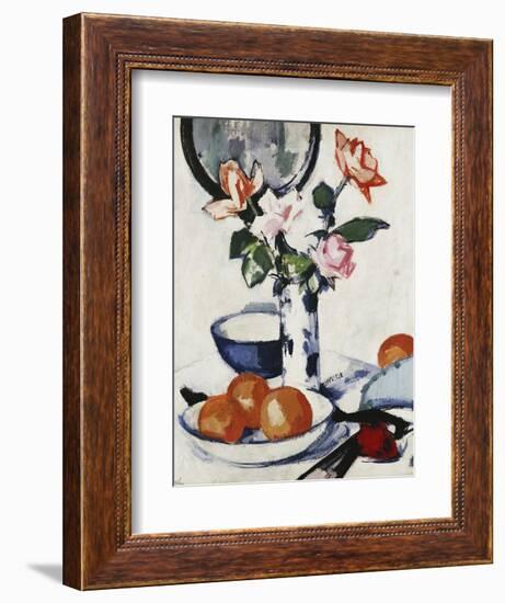 Pink and Tangerine Roses in a Blue and White Beaker Vase with Oranges in a Bowl and a Black Fan,…-Samuel John Peploe-Framed Giclee Print