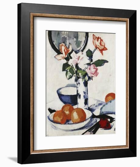 Pink and Tangerine Roses in a Blue and White Beaker Vase with Oranges in a Bowl and a Black Fan,…-Samuel John Peploe-Framed Giclee Print