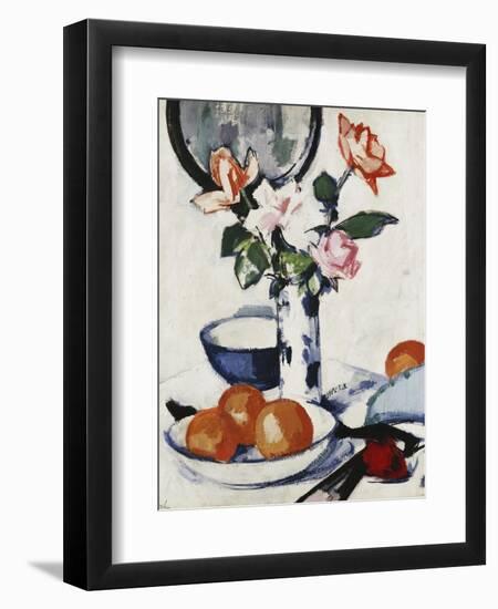 Pink and Tangerine Roses in a Blue and White Beaker Vase with Oranges in a Bowl and a Black Fan,…-Samuel John Peploe-Framed Giclee Print