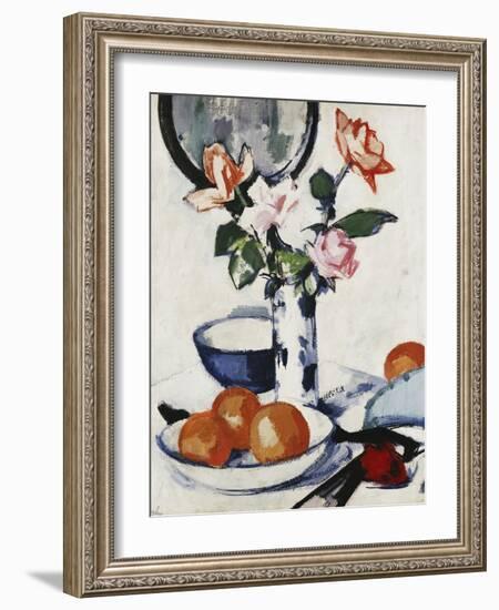 Pink and Tangerine Roses in a Blue and White Beaker Vase with Oranges in a Bowl and a Black Fan,…-Samuel John Peploe-Framed Premium Giclee Print