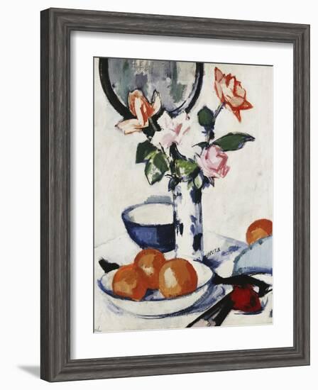 Pink and Tangerine Roses in a Blue and White Beaker Vase with Oranges in a Bowl and a Black Fan,…-Samuel John Peploe-Framed Premium Giclee Print