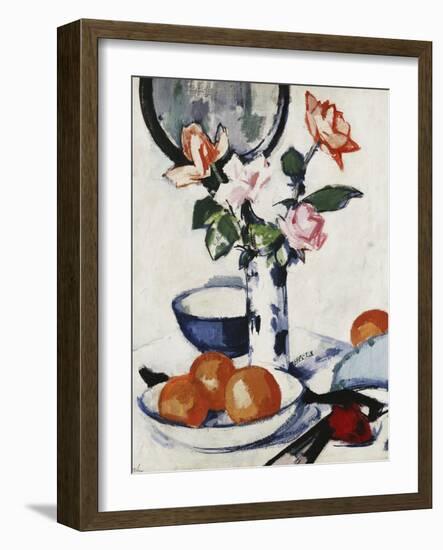 Pink and Tangerine Roses in a Blue and White Beaker Vase with Oranges in a Bowl and a Black Fan,…-Samuel John Peploe-Framed Premium Giclee Print