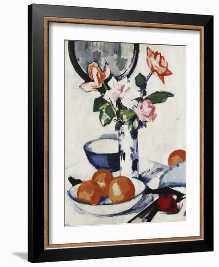 Pink and Tangerine Roses in a Blue and White Beaker Vase with Oranges in a Bowl and a Black Fan,…-Samuel John Peploe-Framed Premium Giclee Print