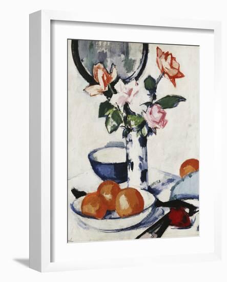 Pink and Tangerine Roses in a Blue and White Beaker Vase with Oranges in a Bowl and a Black Fan,…-Samuel John Peploe-Framed Premium Giclee Print