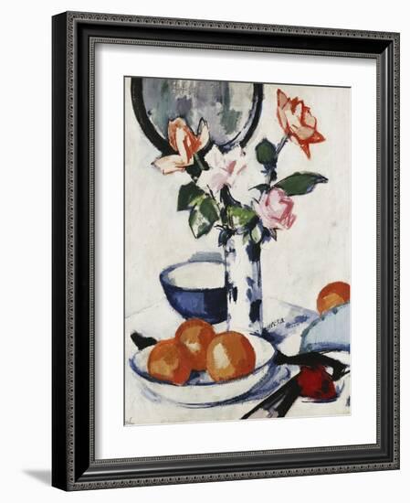 Pink and Tangerine Roses in a Blue and White Beaker Vase with Oranges in a Bowl and a Black Fan,…-Samuel John Peploe-Framed Premium Giclee Print