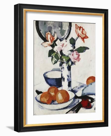 Pink and Tangerine Roses in a Blue and White Beaker Vase with Oranges in a Bowl and a Black Fan,…-Samuel John Peploe-Framed Premium Giclee Print