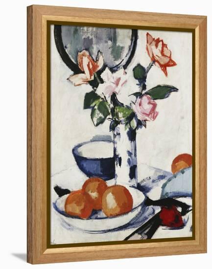 Pink and Tangerine Roses in a Blue and White Beaker Vase with Oranges in a Bowl and a Black Fan,…-Samuel John Peploe-Framed Premier Image Canvas