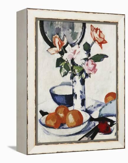 Pink and Tangerine Roses in a Blue and White Beaker Vase with Oranges in a Bowl and a Black Fan,…-Samuel John Peploe-Framed Premier Image Canvas