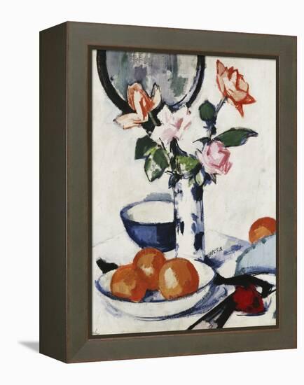 Pink and Tangerine Roses in a Blue and White Beaker Vase with Oranges in a Bowl and a Black Fan,…-Samuel John Peploe-Framed Premier Image Canvas