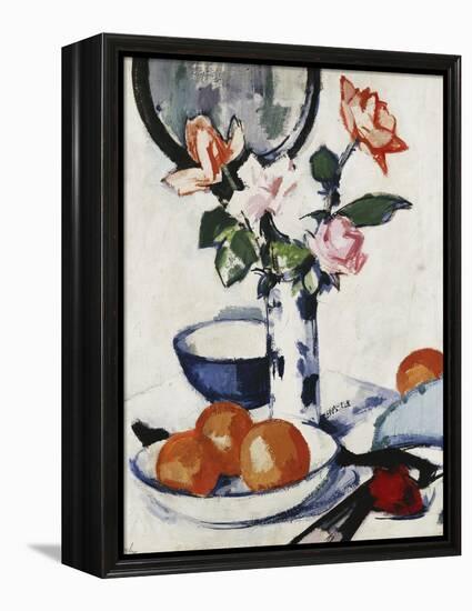 Pink and Tangerine Roses in a Blue and White Beaker Vase with Oranges in a Bowl and a Black Fan,…-Samuel John Peploe-Framed Premier Image Canvas