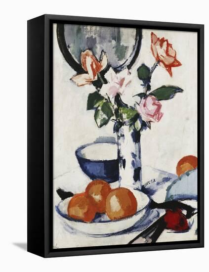 Pink and Tangerine Roses in a Blue and White Beaker Vase with Oranges in a Bowl and a Black Fan,…-Samuel John Peploe-Framed Premier Image Canvas