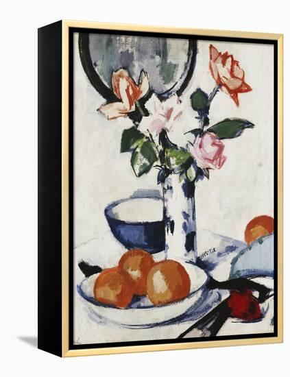 Pink and Tangerine Roses in a Blue and White Beaker Vase with Oranges in a Bowl and a Black Fan,…-Samuel John Peploe-Framed Premier Image Canvas