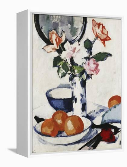 Pink and Tangerine Roses in a Blue and White Beaker Vase with Oranges in a Bowl and a Black Fan,…-Samuel John Peploe-Framed Premier Image Canvas