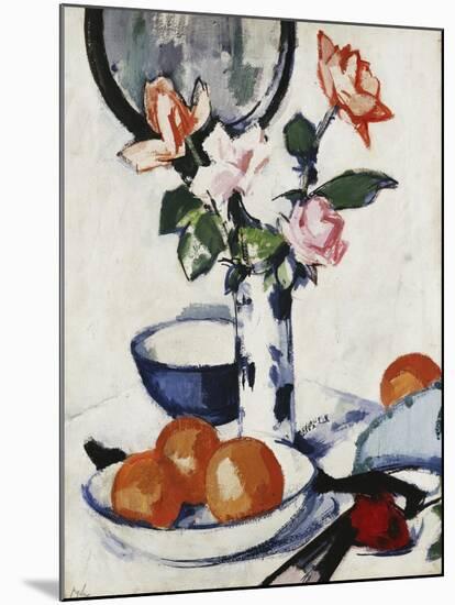 Pink and Tangerine Roses in a Blue and White Beaker Vase with Oranges in a Bowl and a Black Fan-Samuel John Peploe-Mounted Giclee Print