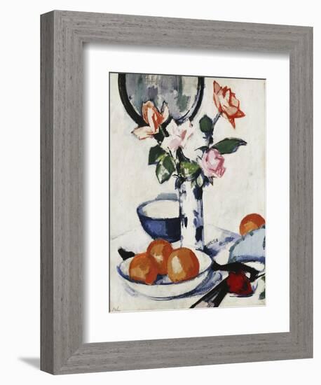 Pink and Tangerine Roses in a Blue and White Beaker Vase with Oranges in a Bowl and a Black Fan-Samuel John Peploe-Framed Giclee Print