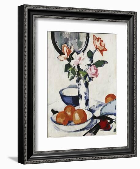 Pink and Tangerine Roses in a Blue and White Beaker Vase with Oranges in a Bowl and a Black Fan-Samuel John Peploe-Framed Giclee Print