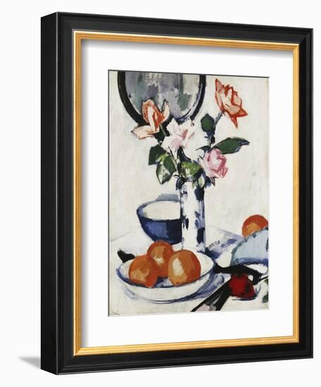 Pink and Tangerine Roses in a Blue and White Beaker Vase with Oranges in a Bowl and a Black Fan-Samuel John Peploe-Framed Giclee Print