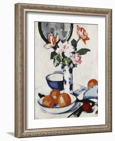 Pink and Tangerine Roses in a Blue and White Beaker Vase with Oranges in a Bowl and a Black Fan-Samuel John Peploe-Framed Giclee Print