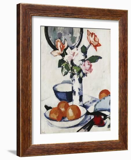 Pink and Tangerine Roses in a Blue and White Beaker Vase with Oranges in a Bowl and a Black Fan-Samuel John Peploe-Framed Giclee Print