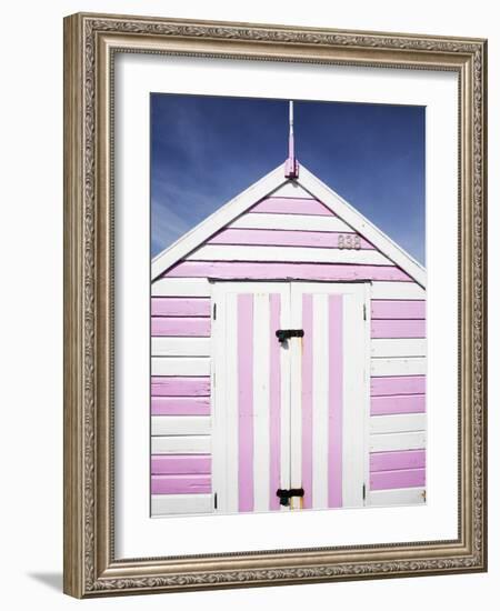 Pink and White Striped Beach Hut, Felixstowe, Suffolk, England, United Kingdom, Europe-Mark Sunderland-Framed Photographic Print