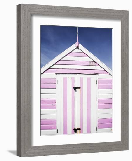 Pink and White Striped Beach Hut, Felixstowe, Suffolk, England, United Kingdom, Europe-Mark Sunderland-Framed Photographic Print