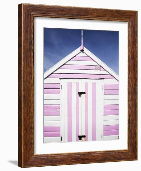 Pink and White Striped Beach Hut, Felixstowe, Suffolk, England, United Kingdom, Europe-Mark Sunderland-Framed Photographic Print