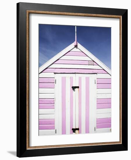 Pink and White Striped Beach Hut, Felixstowe, Suffolk, England, United Kingdom, Europe-Mark Sunderland-Framed Photographic Print