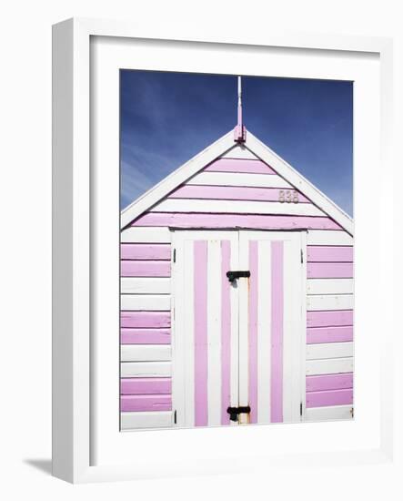 Pink and White Striped Beach Hut, Felixstowe, Suffolk, England, United Kingdom, Europe-Mark Sunderland-Framed Photographic Print