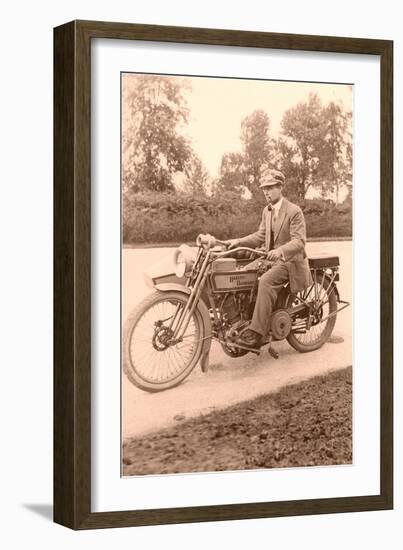 Pink Black and White of Man on Motorcycle-null-Framed Art Print
