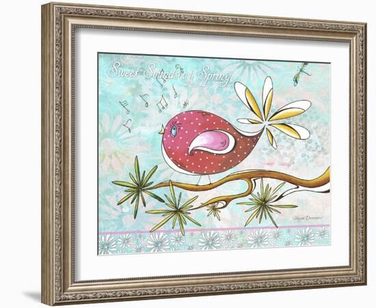 Pink Brown Bird with Notes and Branch-Megan Aroon Duncanson-Framed Giclee Print