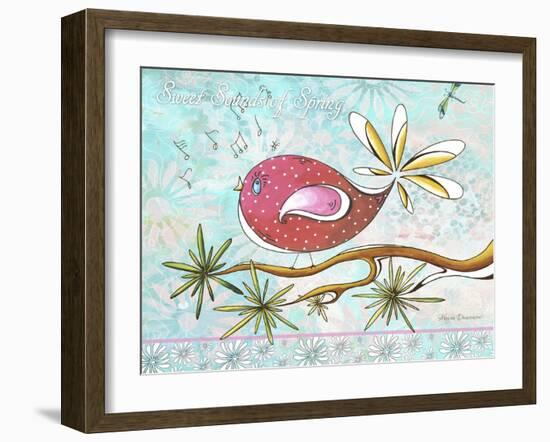 Pink Brown Bird with Notes and Branch-Megan Aroon Duncanson-Framed Giclee Print