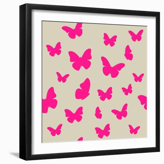 Pink Butterfly on Beige Background. Seamless Pattern. Vector-Magnia-Framed Art Print