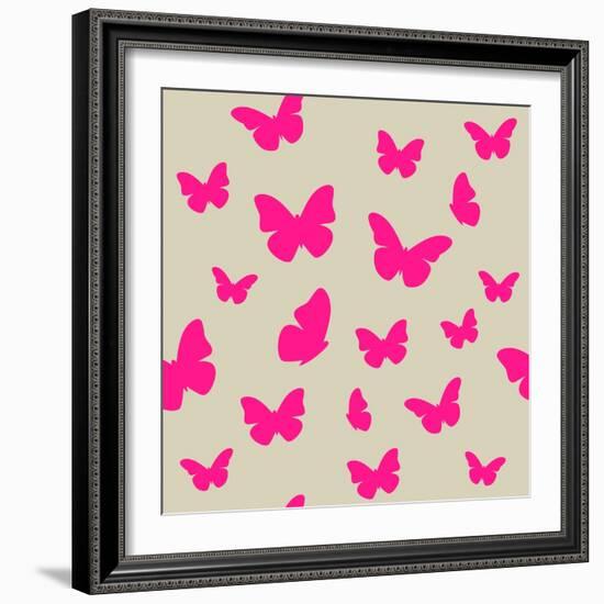 Pink Butterfly on Beige Background. Seamless Pattern. Vector-Magnia-Framed Art Print