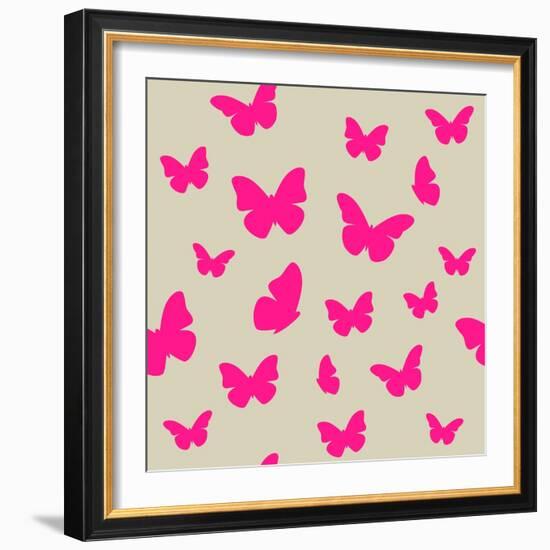 Pink Butterfly on Beige Background. Seamless Pattern. Vector-Magnia-Framed Art Print