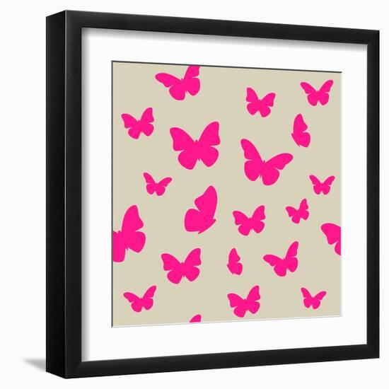 Pink Butterfly on Beige Background. Seamless Pattern. Vector-Magnia-Framed Art Print