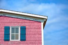 Architecture Detail of a Pink House with Blue Shuttered Window against Blue Sky-pink candy-Framed Premier Image Canvas