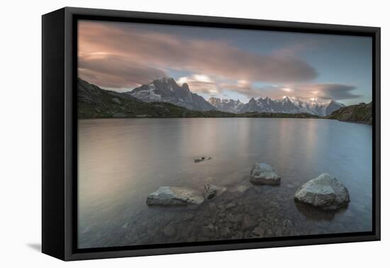 Pink clouds at sunrise on Mont Blanc massif seen from Lacs De Cheserys, Chamonix, Haute Savoie, Fre-Roberto Moiola-Framed Premier Image Canvas