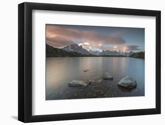 Pink clouds at sunrise on Mont Blanc massif seen from Lacs De Cheserys, Chamonix, Haute Savoie, Fre-Roberto Moiola-Framed Photographic Print