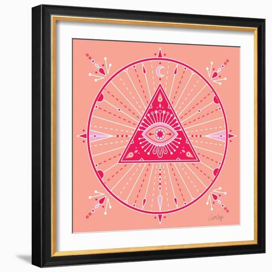 Pink Evil Eye Mandala-Cat Coquillette-Framed Art Print