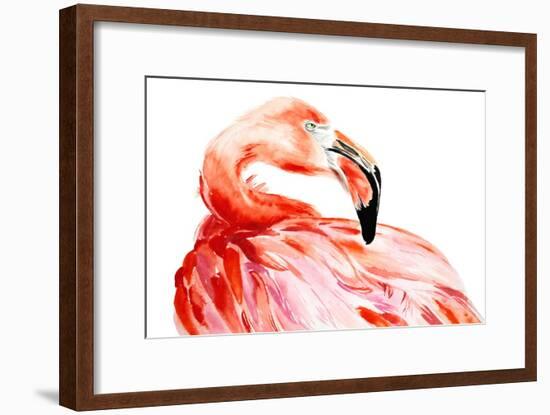 Pink Flamingo Bird Profile Portrait, Amazing Beautiful Animal, Art Print, Watercolor Wildlife Drawi-Antonova Katya-Framed Art Print