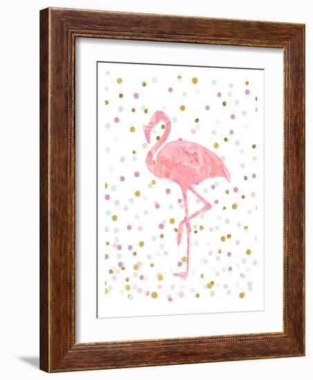 Pink Flamingo on Confetti-Peach & Gold-Framed Art Print