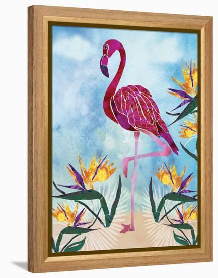 Pink Flamingo with Birds of Paradise flowers-Bee Sturgis-Framed Stretched Canvas