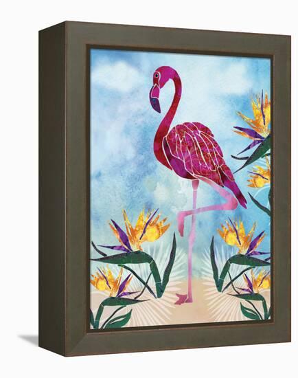 Pink Flamingo with Birds of Paradise flowers-Bee Sturgis-Framed Stretched Canvas