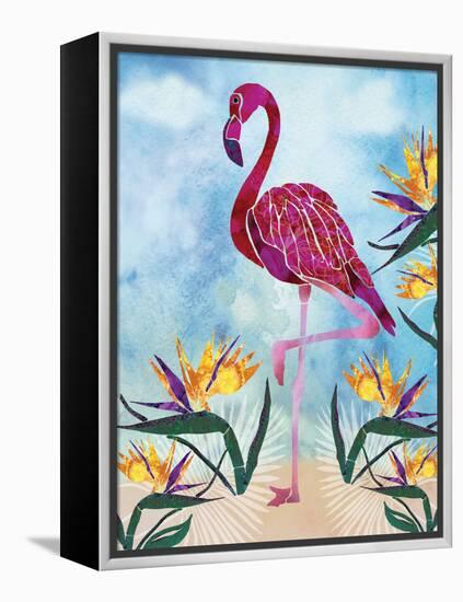 Pink Flamingo with Birds of Paradise flowers-Bee Sturgis-Framed Stretched Canvas