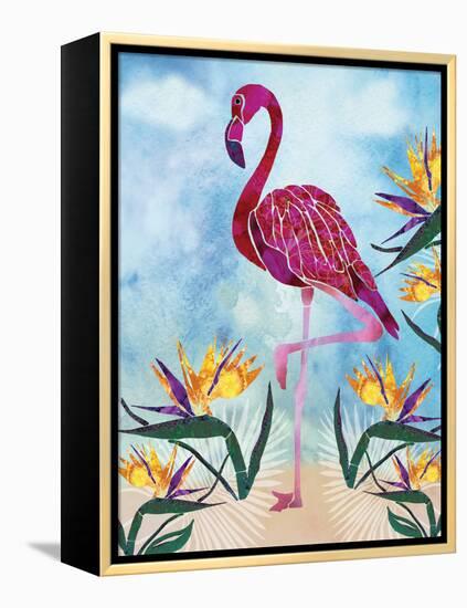 Pink Flamingo with Birds of Paradise flowers-Bee Sturgis-Framed Stretched Canvas