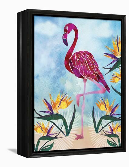 Pink Flamingo with Birds of Paradise flowers-Bee Sturgis-Framed Stretched Canvas