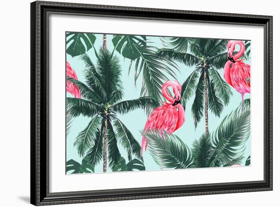 Pink Flamingos, Exotic Birds, Tropical Palm Leaves, Trees, Jungle Leaves Seamless Vector Floral Pat-NataliaKo-Framed Art Print