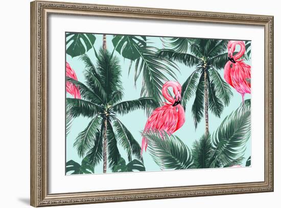 Pink Flamingos, Exotic Birds, Tropical Palm Leaves, Trees, Jungle Leaves Seamless Vector Floral Pat-NataliaKo-Framed Art Print