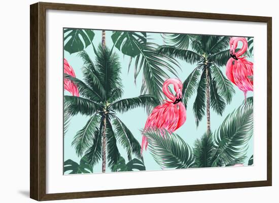 Pink Flamingos, Exotic Birds, Tropical Palm Leaves, Trees, Jungle Leaves Seamless Vector Floral Pat-NataliaKo-Framed Art Print